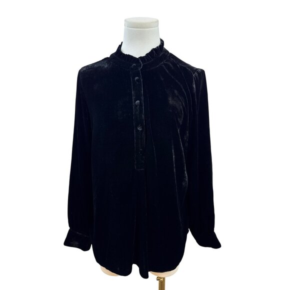 Talbots Petite Black Velvet Long-Sleeve Blouse With Ruffled Collar Sz PL - New - Picture 1 of 9